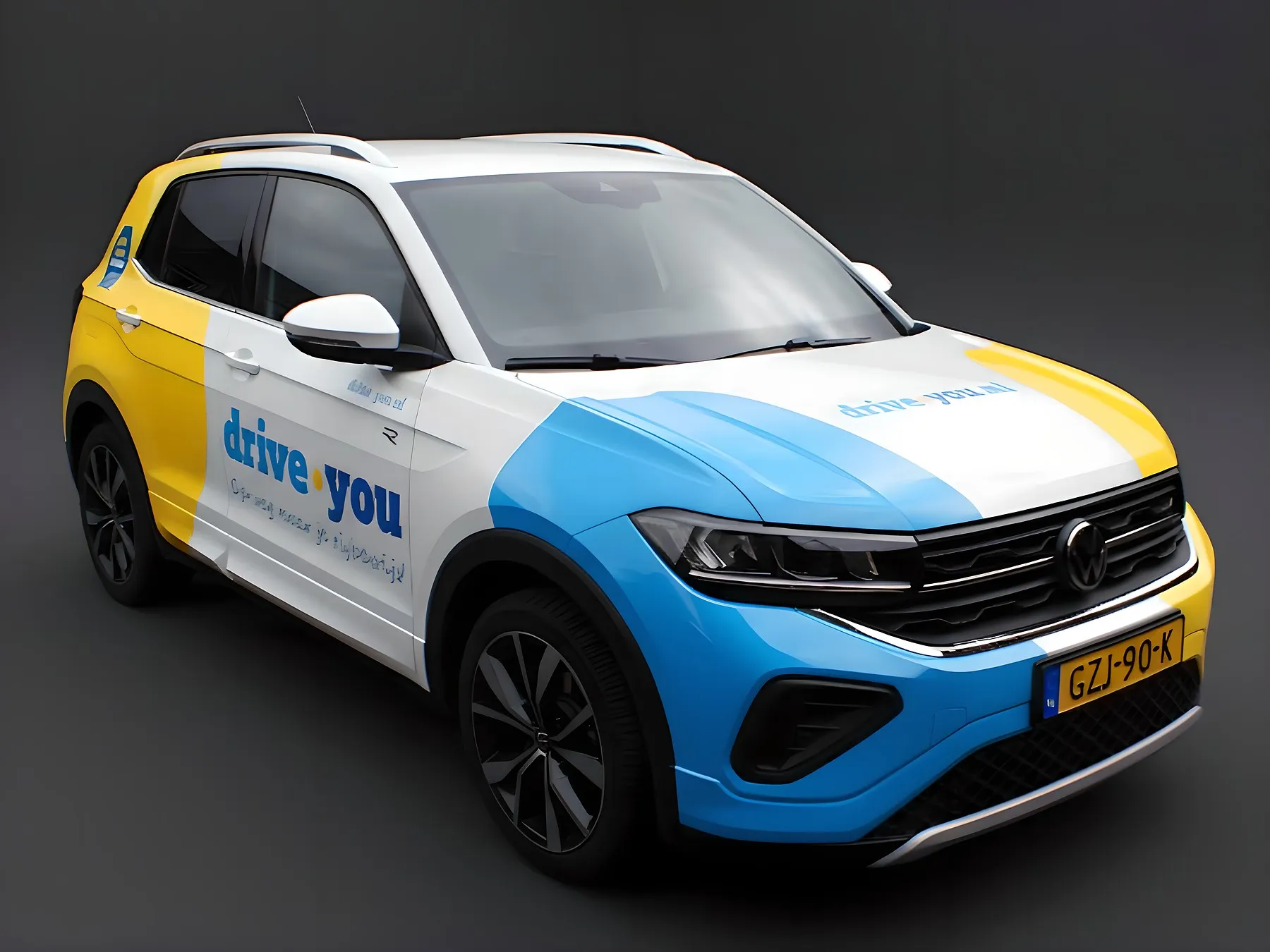 De lesauto van Rijschool Cobben, een Volkswagen T-Cross met drive.you-belettering, van rechtsvoor